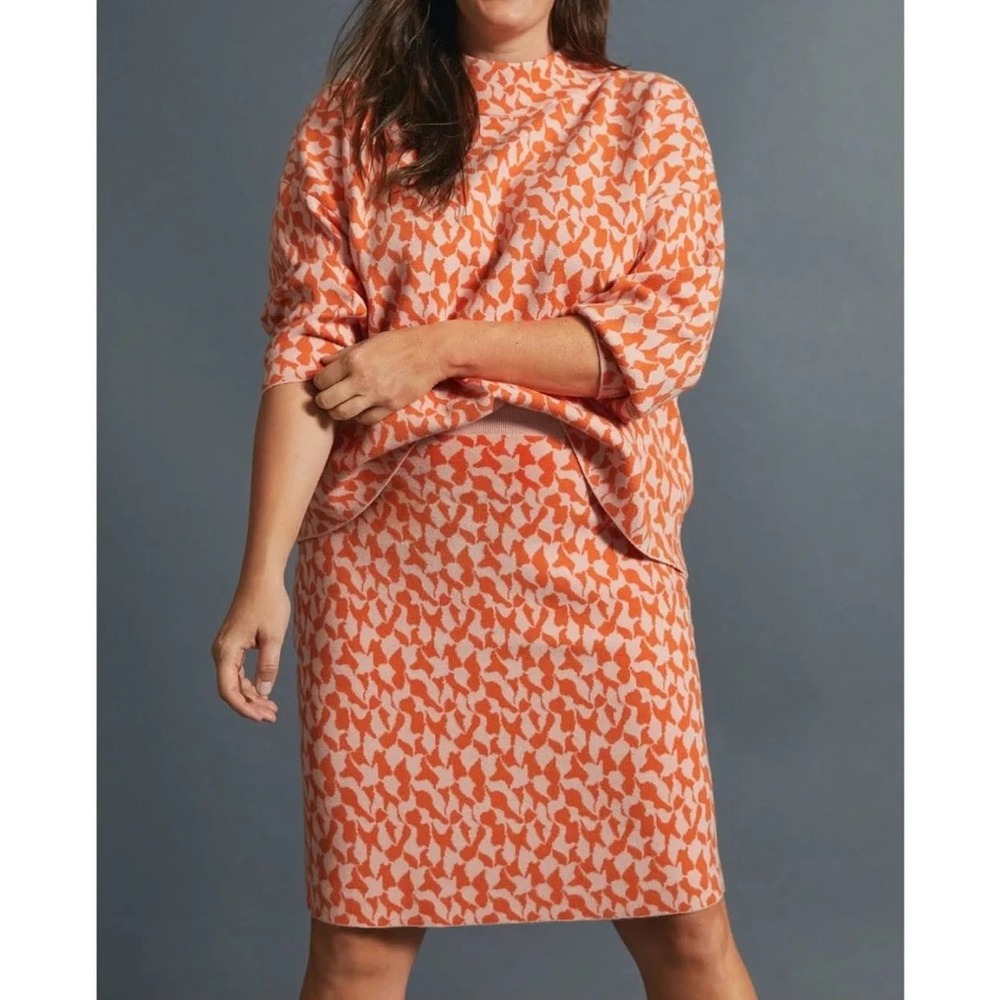 Anthropologie Maeve Carys Sweaterโ Skirt Set Small Geometric Print Orange Pink